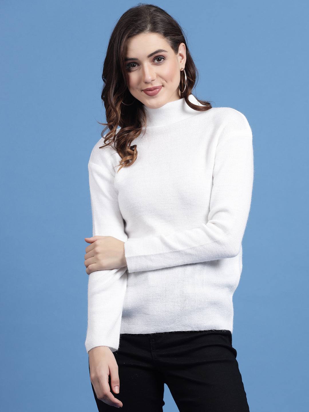 White Solid Highneck Full Sleeve Woolen Casual Top for Cozy Style