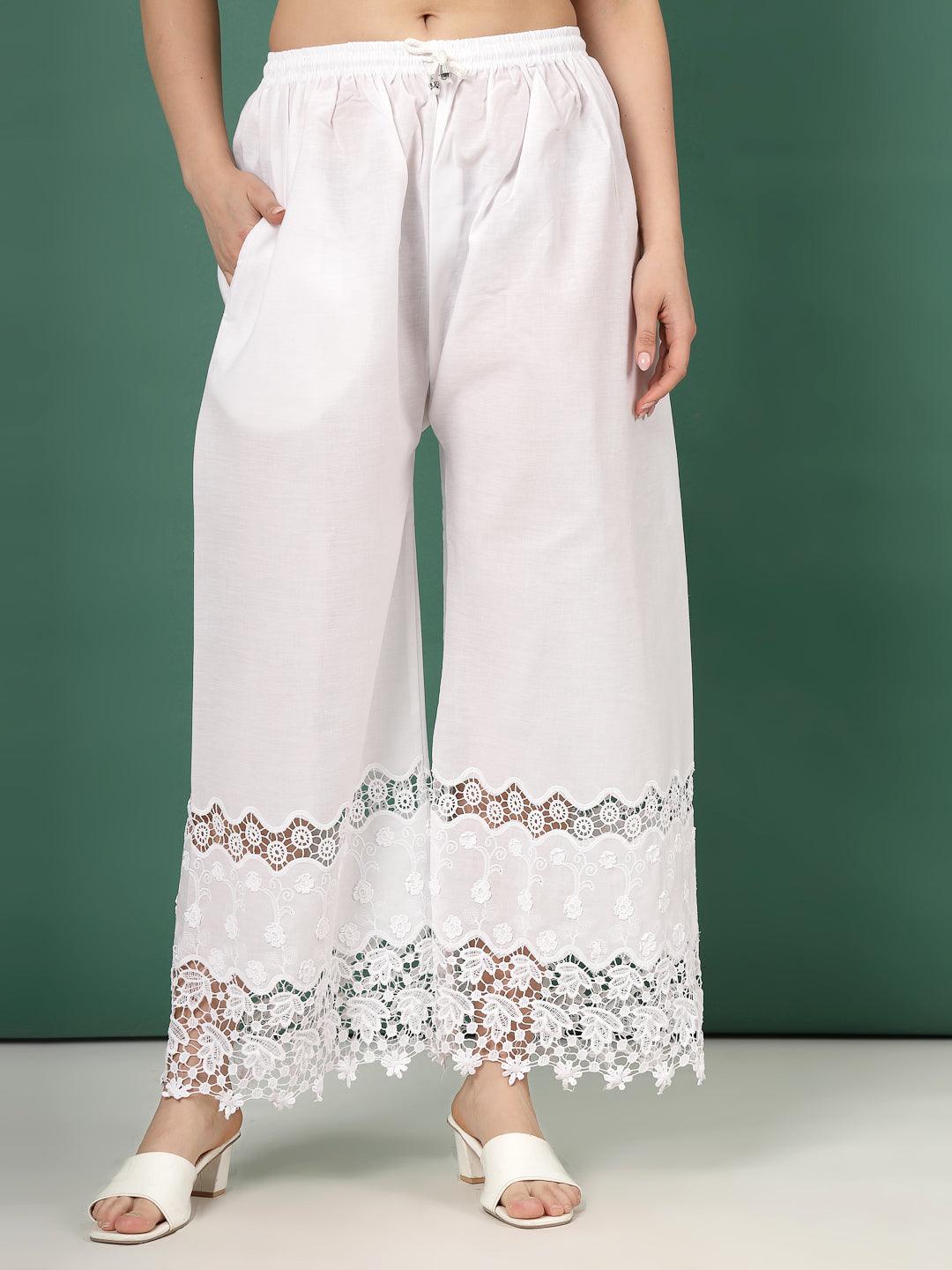 White Palazzo Pants with Lace Accent