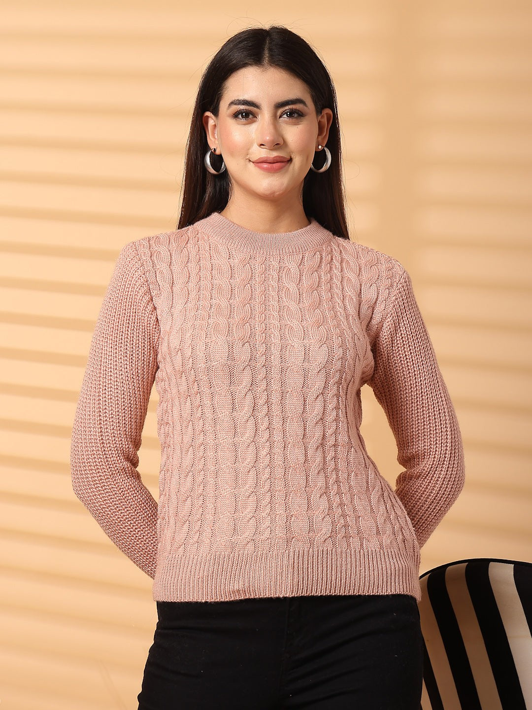 Peach Self Design Woolen Top