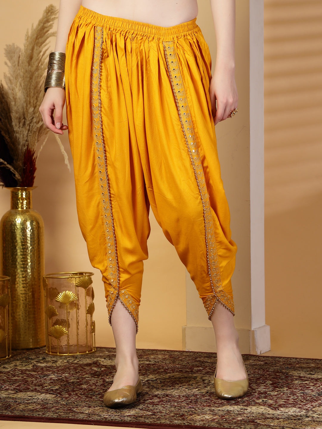Mustard Embellished Dhoti Pants