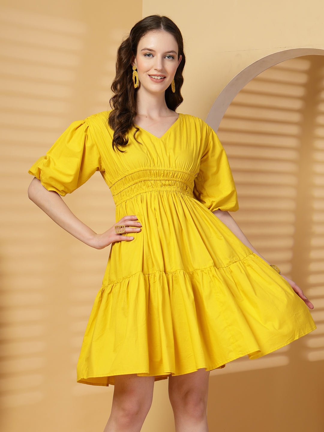 Yellow Solid Cotton Knee Length Dress
