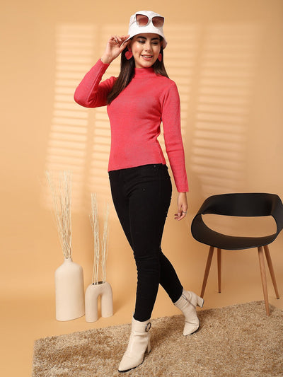Women dark peach solid highneck full sleeve woolen top styled with black pants and white boots.