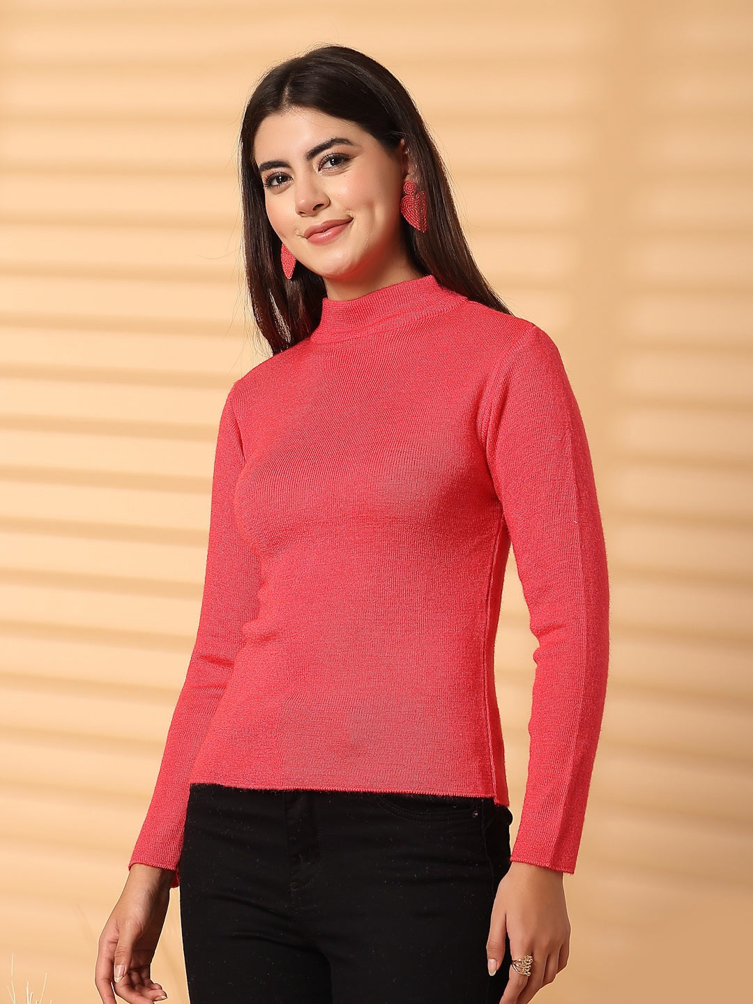 Women dark peach solid highneck full sleeve woolen top for winter style and warmth.