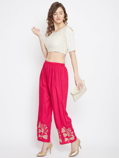 Magenta embroidered straight palazzo for fashion-forward women.