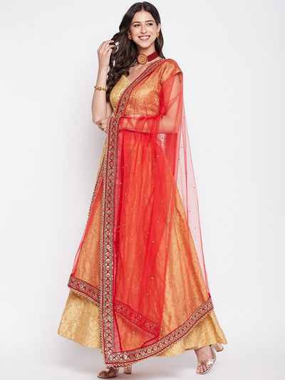 Red embellished net dupatta with sequinned border.