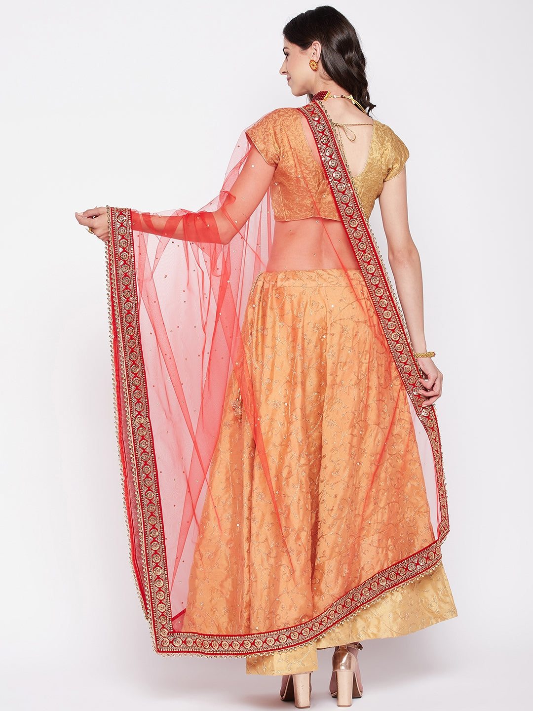 Red embellished net dupatta with sequinned border.
