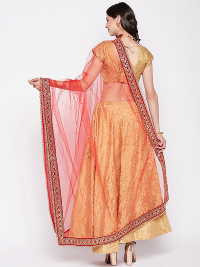 Red embellished net dupatta with sequinned border.