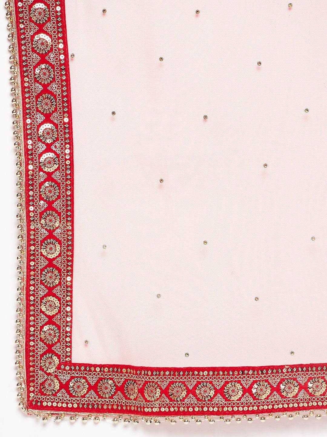 Red embellished net dupatta with sequinned border.