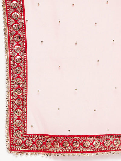 Red embellished net dupatta with sequinned border.