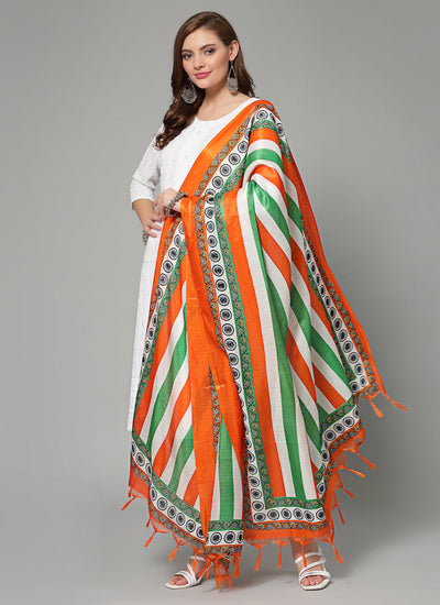 Women wearing tri colour printed Chanderi silk dupatta with tasselled border.