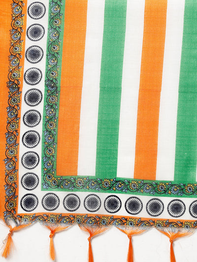 Women tri colour printed Chanderi silk dupatta with tasselled border.