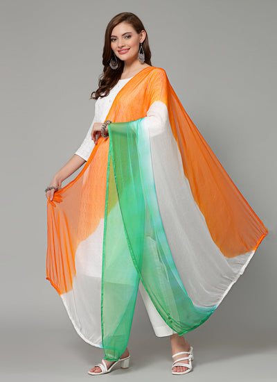 Women tri colour dyed chiffon dupatta with pom pom border.