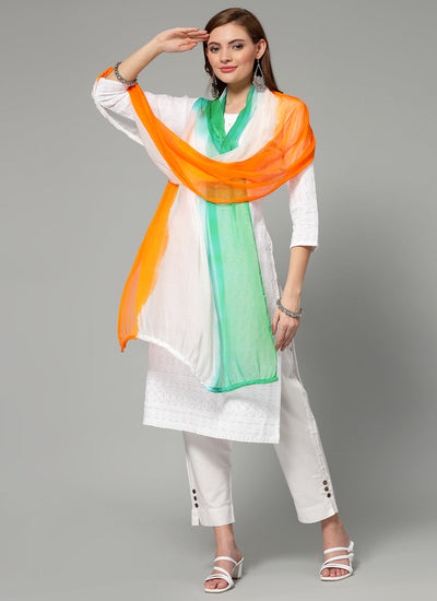 Women wearing a tri-colour dyed chiffon dupatta with pom pom border.