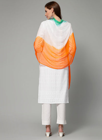Women wearing a tri-colour dyed chiffon dupatta with pom pom border.