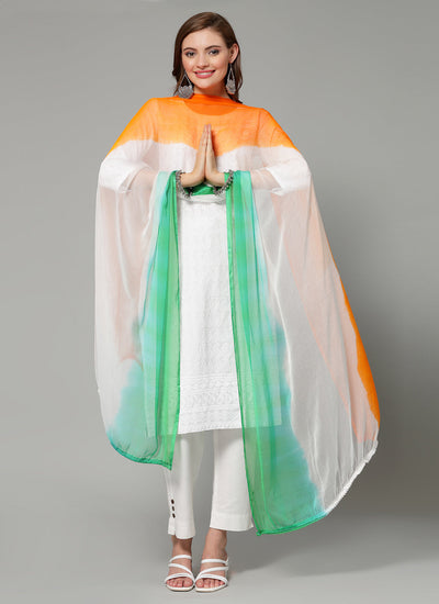 Women wearing a tri-colour dyed chiffon dupatta with pom pom border.
