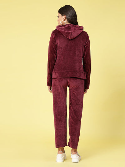 Women Solid Hooded Velvet Co-ord Set with long sleeves and elasticated waistband.