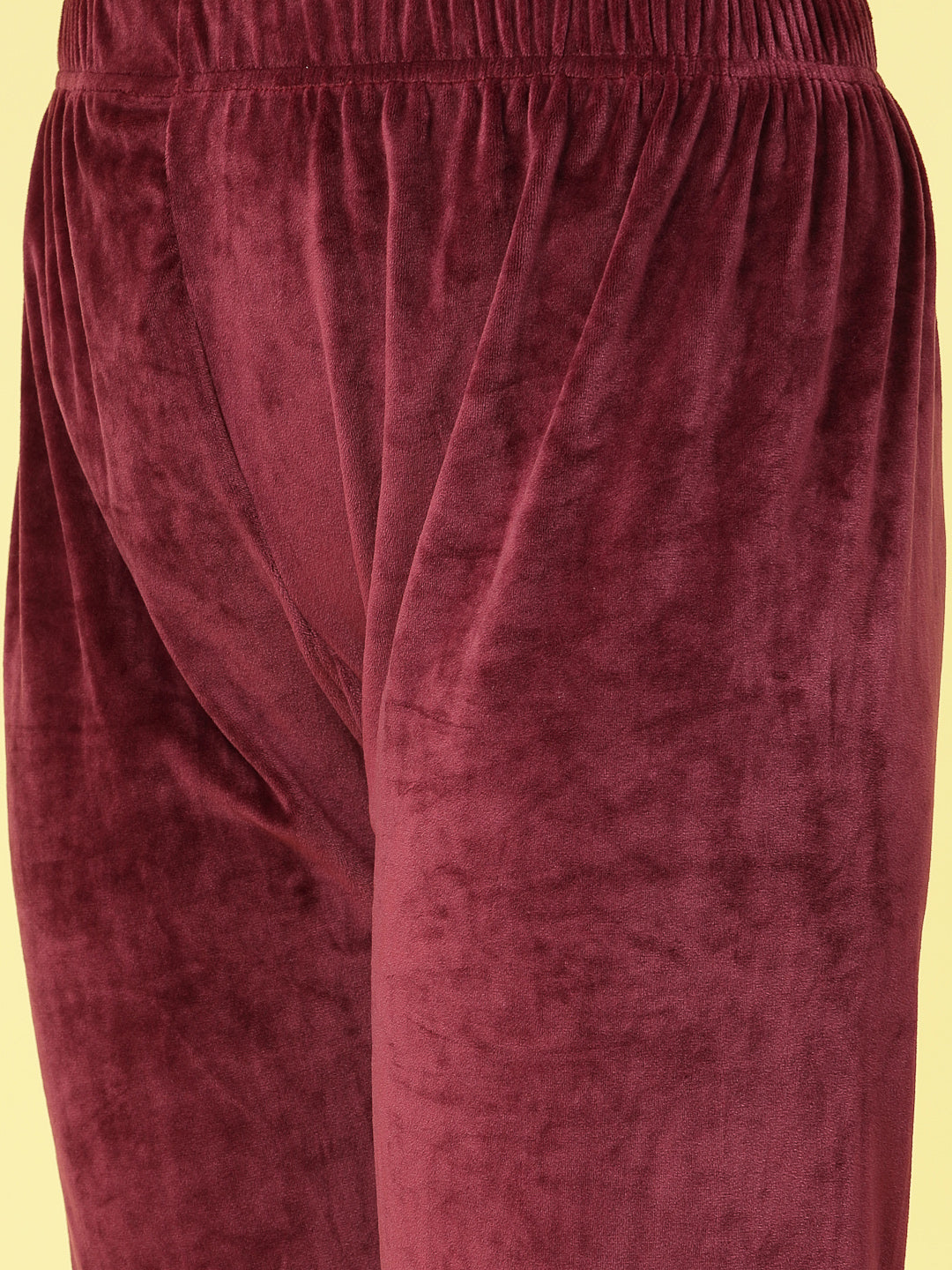 Women solid hooded velvet co-ord set with elastic waistband and zip closure.