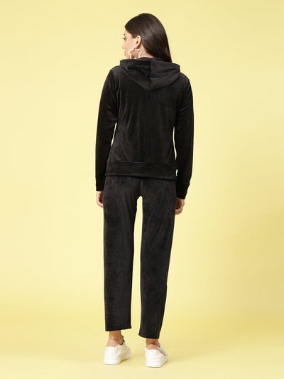Women solid hooded velvet co-ord set with long sleeves and elasticated waistband.