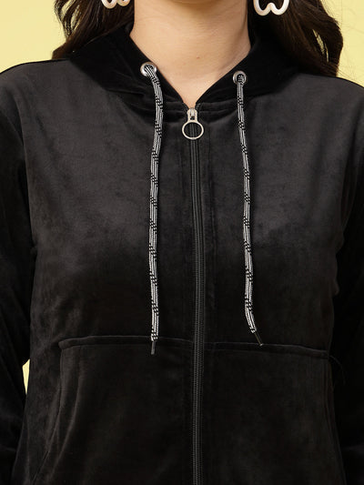 Women solid hooded velvet co-ord set with zip closure.