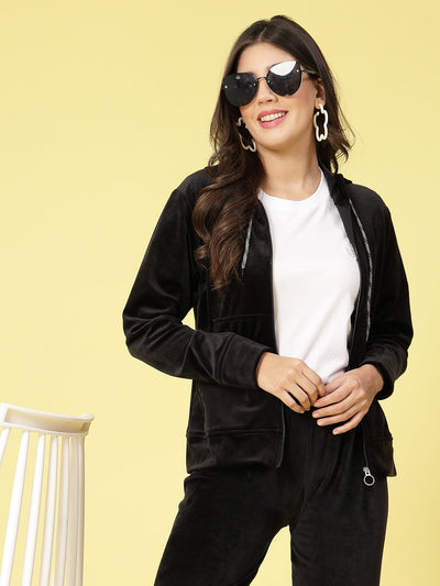 Women solid hooded velvet co-ord set with long sleeves and zip closure.