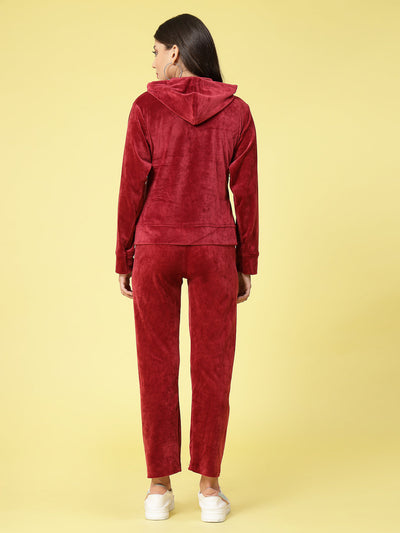 Women solid hooded velvet co-ord set with long sleeves and elasticated waistband.