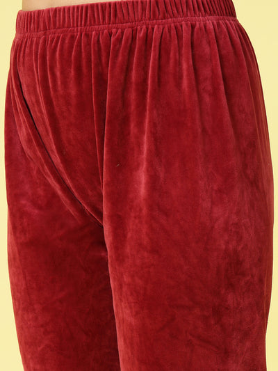 Women solid hooded velvet co-ord set with elasticated waistband.