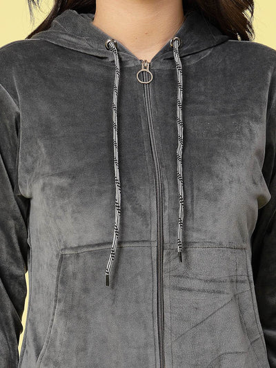 Women solid hooded velvet co-ord set with zip closure.