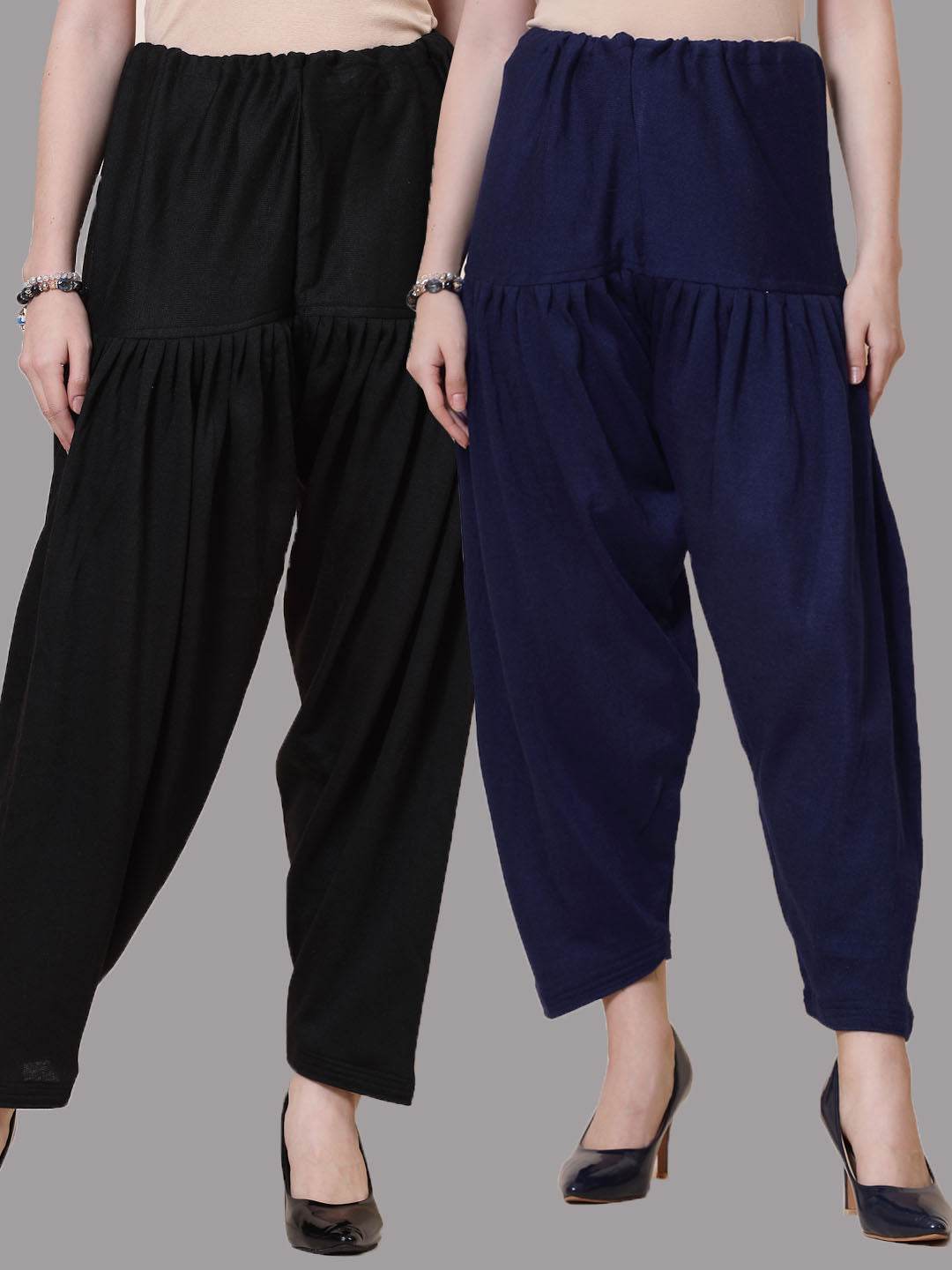 Black & Navy Blue Solid Woolen Salwar Pack of 2 with drawstring closure.