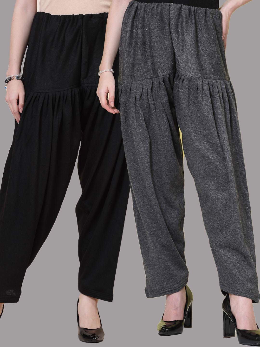 Black & Grey Solid Woolen Salwar Pack, loose-fit design with drawstring closure.