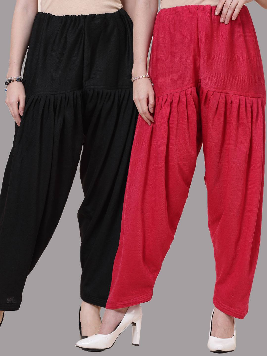 Black and magenta solid woolen salwar pack of 2 with drawstring closure.