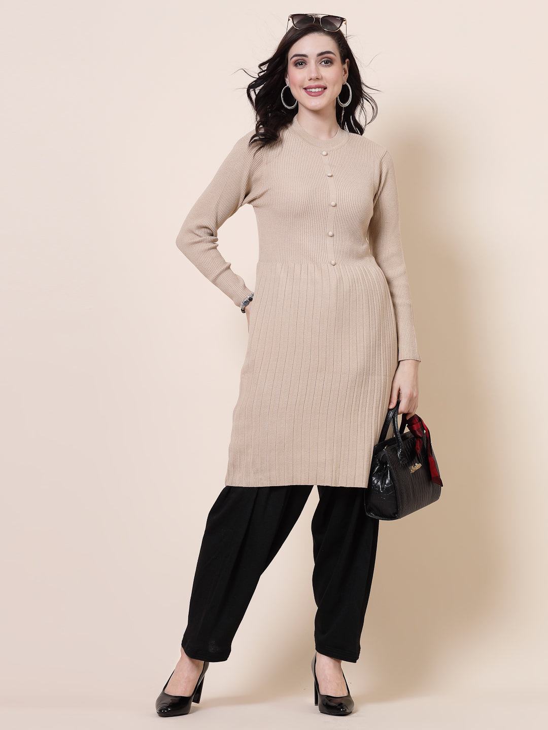 Black & Magenta Solid Woolen Salwar Pack with drawstring closure, loose-fit semi Patiala style.