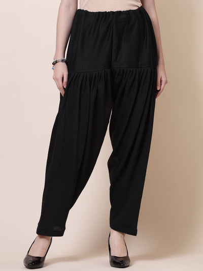 Black & Fawn Solid Woolen Salwar Pack, loose-fit, semi Patiala style with drawstring closure.