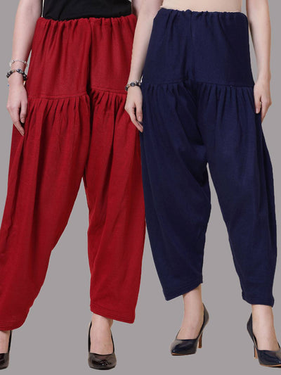 Maroon and navy blue solid woolen salwar pack of 2 with drawstring closure.