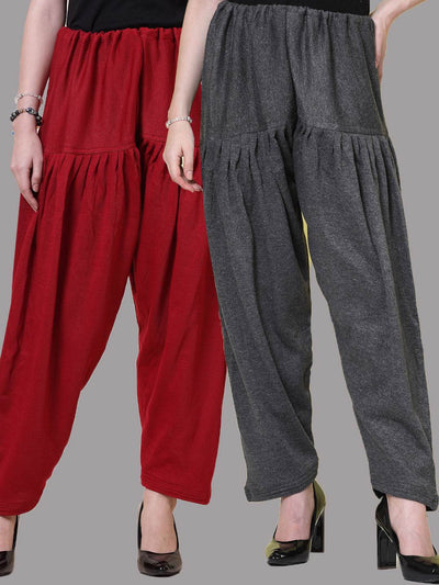 Maroon and grey solid woolen salwar pack with loose-fit semi Patiala design and drawstring closure.