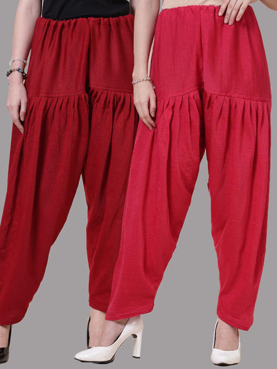 Maroon and magenta solid woolen salwar pack with loose-fit semi Patiala style and drawstring closure.