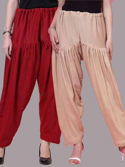 Maroon and fawn solid woolen salwar pack of 2 with loose-fit and drawstring closure.