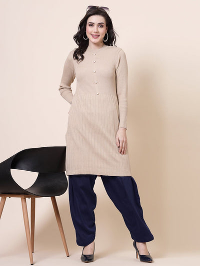 Navy blue woolen salwar with drawstring closure and beige kurta.