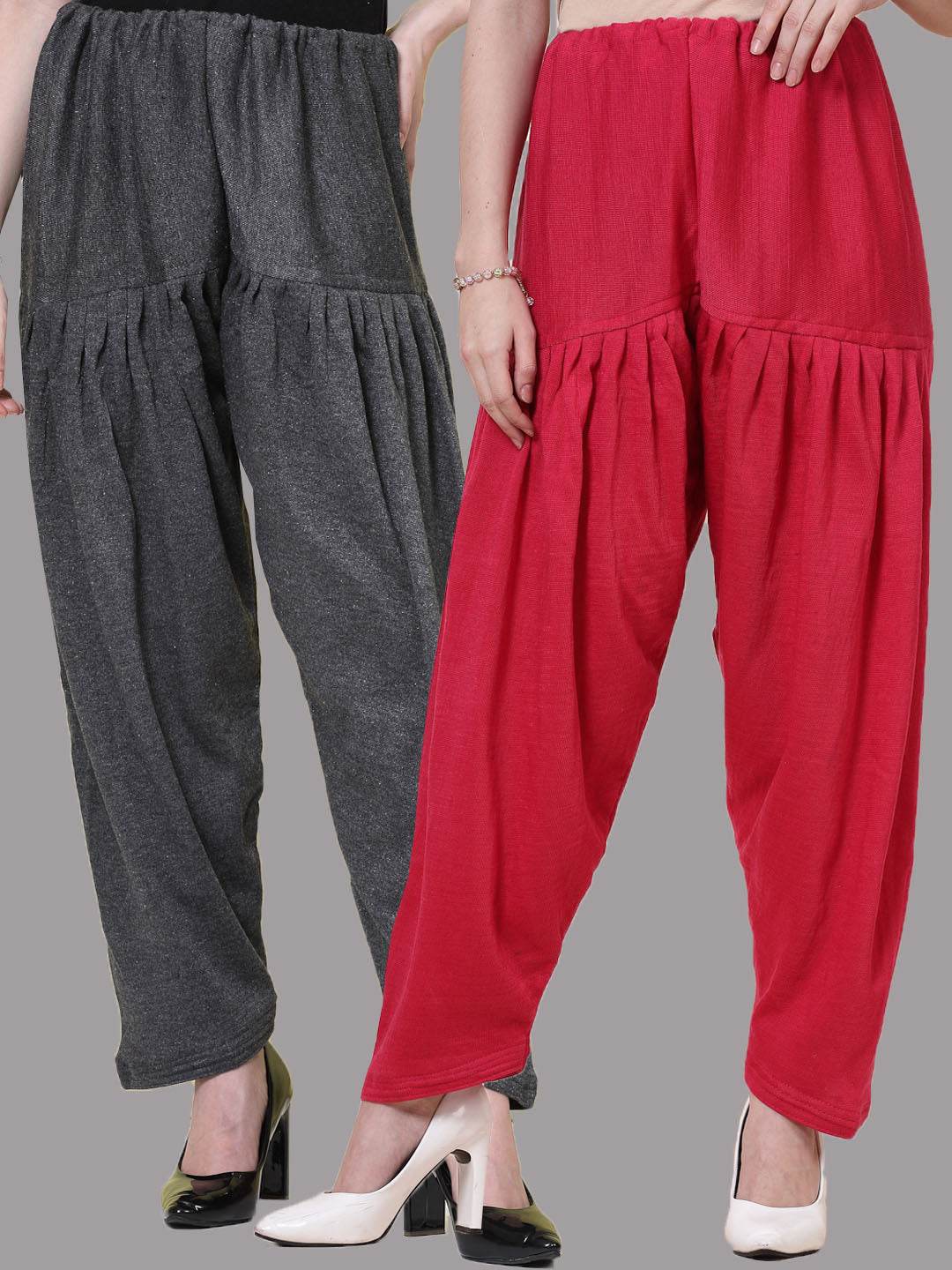 Grey and magenta solid woolen salwar pack of two with drawstring closure.