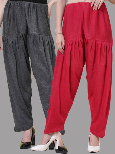 Grey and magenta solid woolen salwar pack of two with drawstring closure.