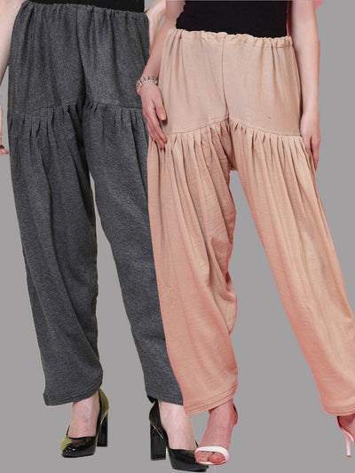 Grey and fawn solid woolen salwar pack of 2 with drawstring closure.