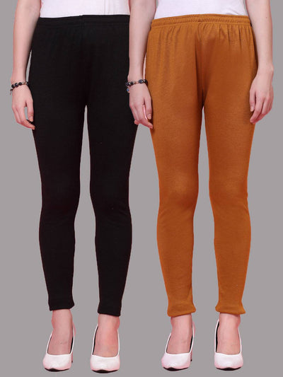 Black and mustard solid woolen leggings pack with elasticated waistband and drawstring closure.