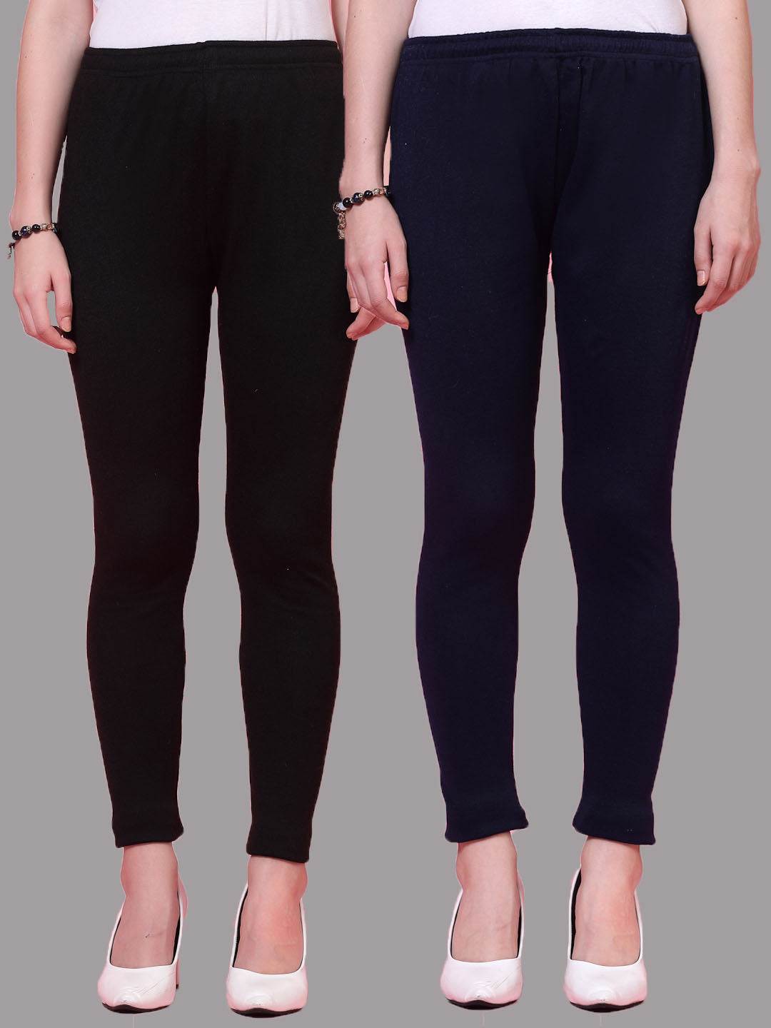 Black and navy blue solid woolen leggings pack with elasticated waistband and drawstring closure.