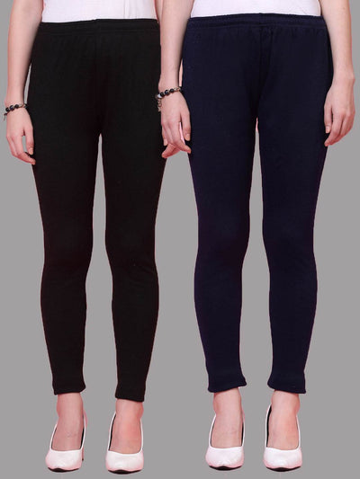 Black and navy blue solid woolen leggings pack with elasticated waistband and drawstring closure.