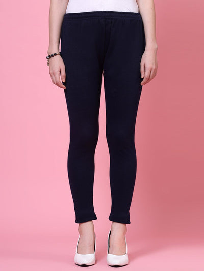 Black and navy blue solid woolen leggings with elasticated waistband and drawstring closure, pack of 2.