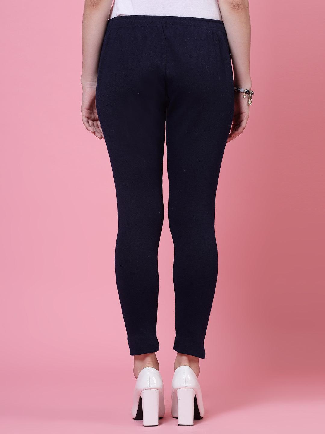 Black & Navy Blue solid woolen leggings pack with elasticated waistband and drawstring closure.