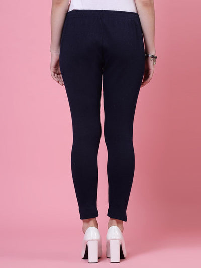 Black & Navy Blue solid woolen leggings pack with elasticated waistband and drawstring closure.