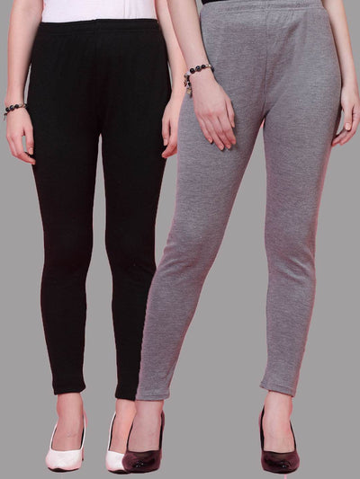 Black & Grey solid woolen leggings pack of 2 with elasticated waistband and drawstring closure.