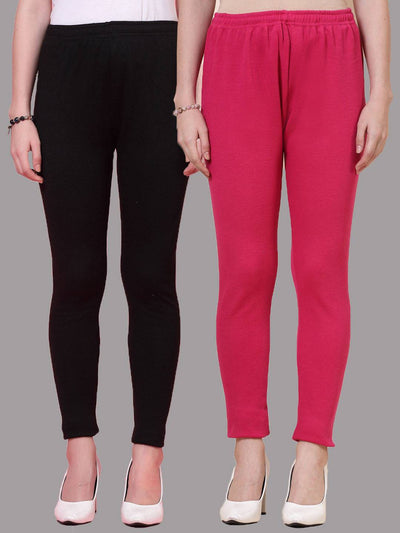 Black & Magenta solid woolen leggings pack with elasticated waistband and drawstring closure.