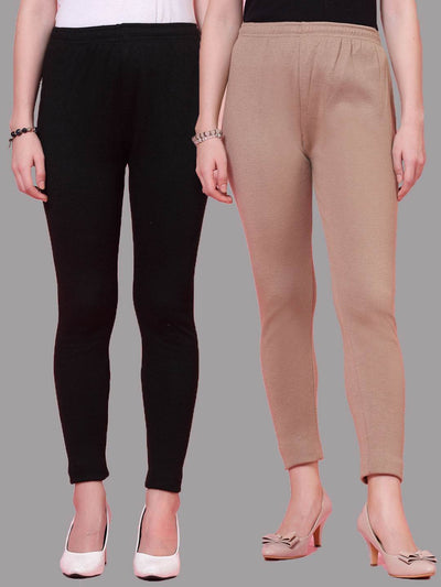Black and dark fawn solid woolen leggings pack with elasticated waistband and drawstring.