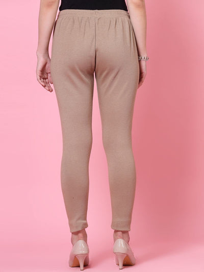 Black and dark fawn solid woolen leggings with elasticated waistband and drawstring closure.